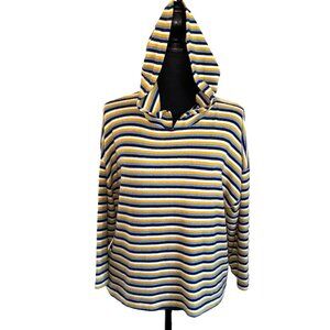 Poof New York Striped Yellow Blue Soft Knit Hoodie L Nautical Casual Travel Top